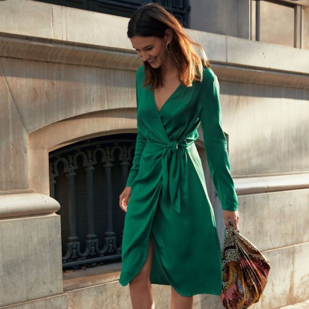 COPY - & Other Stories Green Side Tie Satin Midi Wrap Dress Size 2